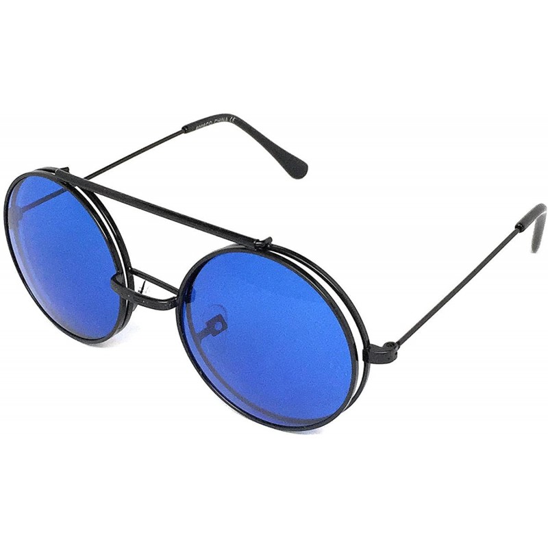 Goggle Flip Up Steampunk Metal Django Sunglasses - Black- Blue - CO18GMG3OT0 $12.39