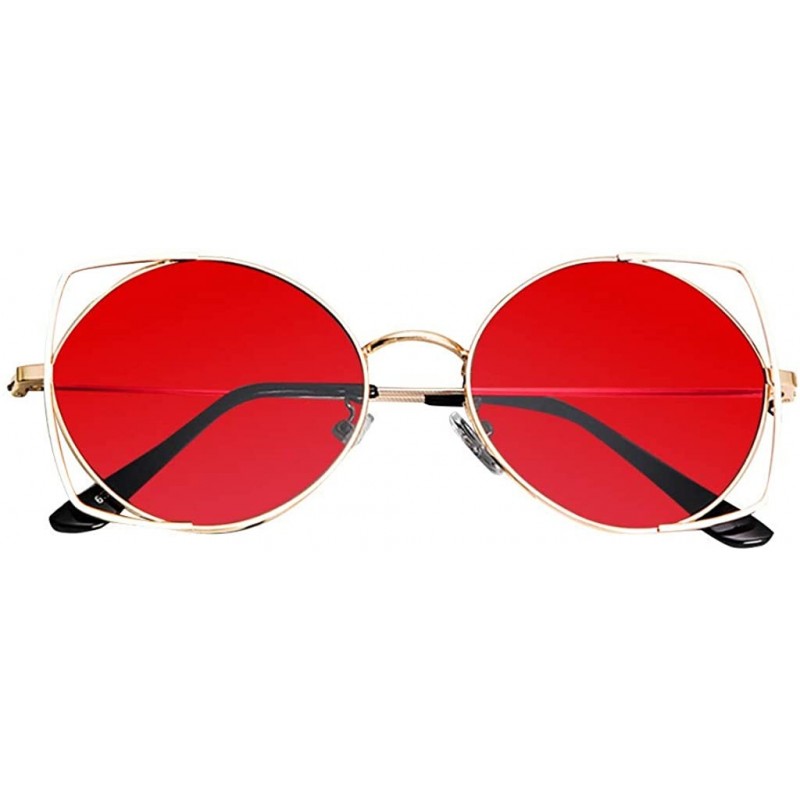 Shield Cat Eye Metal Hollow Frame Sunglasses Mirrored Flat Lenses Sunglasses For Women - Red - CH196M3MRKH $9.45