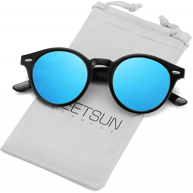 Round Classic Polarized Sunglasses for Women Round Retro Vintage Designer Style - Black-blue Mirrored - C518A4GE0WH $8.77