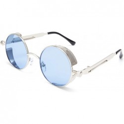 Round Steampunk Sunglasses Round Retro Metal Circle Frame Sunglasses Men & Women - Ocean Blue Lens/Silver Frame - CJ196SOYDWN...