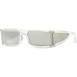 Square Small Rectangle Sunglasses Furturistic Rectangular Wrap Around Clout Goggles - White Frame Silver Mirrored Lens - CA19...
