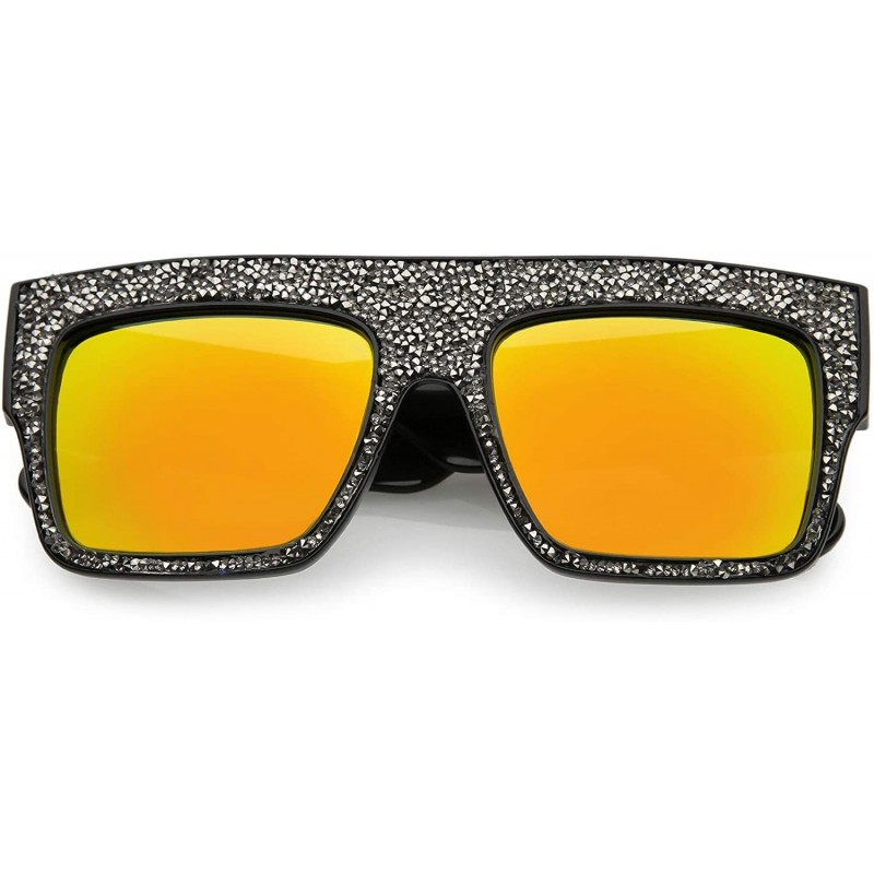 Square Rhinstone Crystal Flat Top Square Sunglasses For Women Mirrored Lens 57mm - Black / Orange Mirror - CK12MA9J6JK $15.22