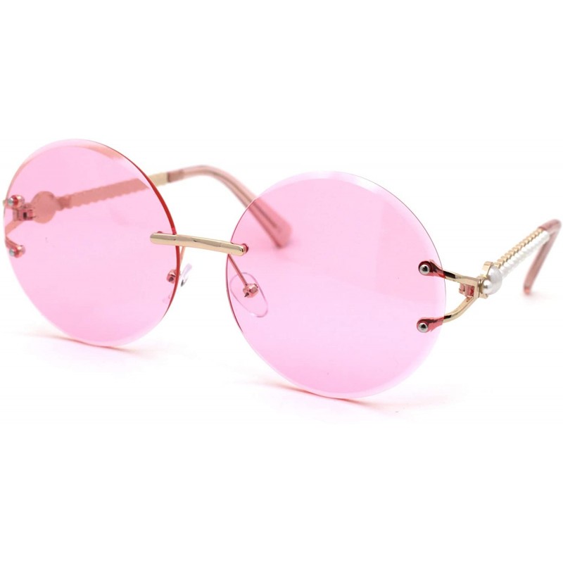 Rimless Womens Pearl Trim Arm Round Rimless Circle Lens Sunglasses - Gold Pink - CE18ZWQTL2Q $13.53