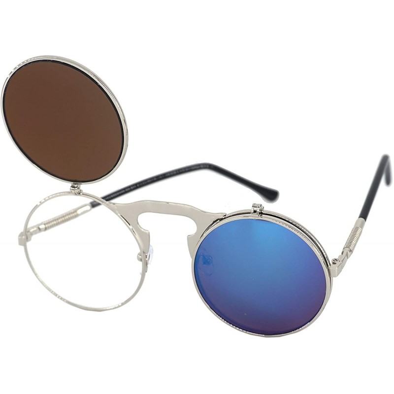 Round Vintage John Lennon Sunglasses Flip Up Round Lens Metal Frame - Silver Frame/Blue Mirror Lens - C318XIDQG6I $12.66