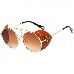 Round Women's Fashion Sunglasses Metal Round Frame Eyewear With Leather - Gold Brown - CC18W0DI0ON $23.71