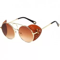 Round Women's Fashion Sunglasses Metal Round Frame Eyewear With Leather - Gold Brown - CC18W0DI0ON $50.05