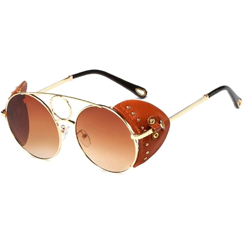 Round Women's Fashion Sunglasses Metal Round Frame Eyewear With Leather - Gold Brown - CC18W0DI0ON $23.71