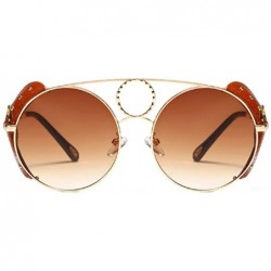 Round Women's Fashion Sunglasses Metal Round Frame Eyewear With Leather - Gold Brown - CC18W0DI0ON $23.71