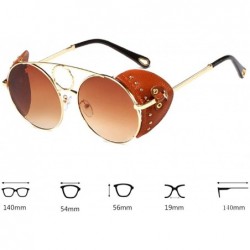 Round Women's Fashion Sunglasses Metal Round Frame Eyewear With Leather - Gold Brown - CC18W0DI0ON $23.71