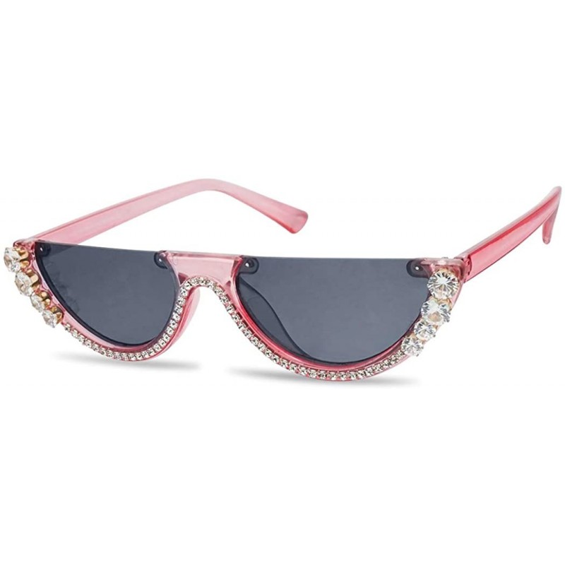 Cat Eye Half Moon Diamond Studded Rhinestone Sunglasses Semi-Rimless Embellished Cat Eye Clout Frame - CD18I4DQO7W $14.58