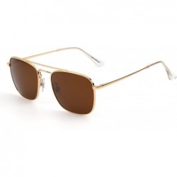 Rectangular Retro Square Aviator Sunglasses Premium Glass Lens Flat Metal Eyewear Men Women - Gold / Brown - CD18COKDIL4 $40.14