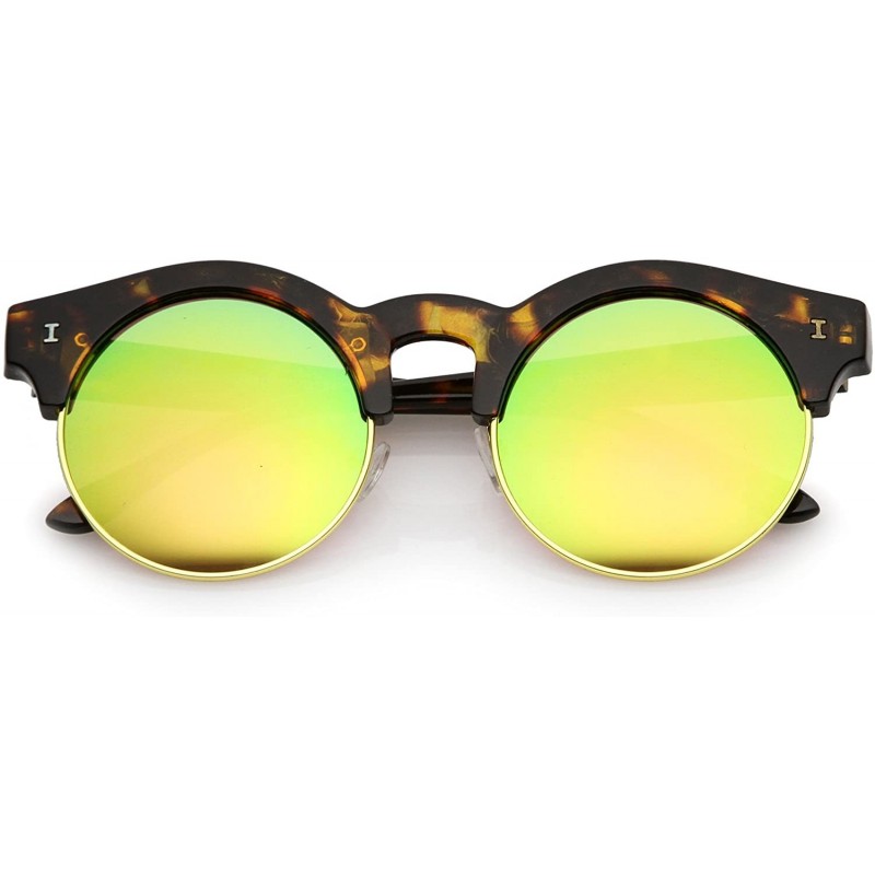 Semi-rimless Modern Metal Trim Colored Mirror Round Flat Lens Half Frame Sunglasses 51mm - Tortoise-gold / Pink-green Mirror ...