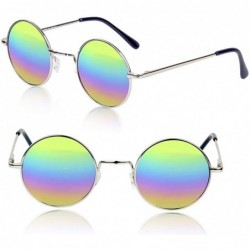 Round Retro Round Sunglasses Small Colored Lens Hippie John Lennon Glasses - Two Pack Rainbow- Silver Frame - CP19CUE0TWA $14.87