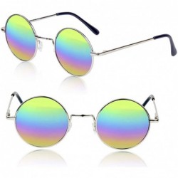 Round Retro Round Sunglasses Small Colored Lens Hippie John Lennon Glasses - Two Pack Rainbow- Silver Frame - CP19CUE0TWA $26.85