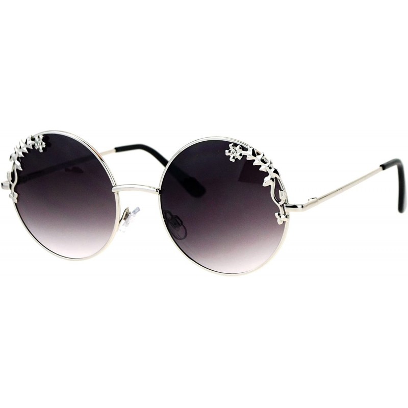 Round Womens Retro Foliage Jewel Trim Round Circle Lens Hippie Sunglasses - Silver Smoke - C617XMHC3N6 $8.90