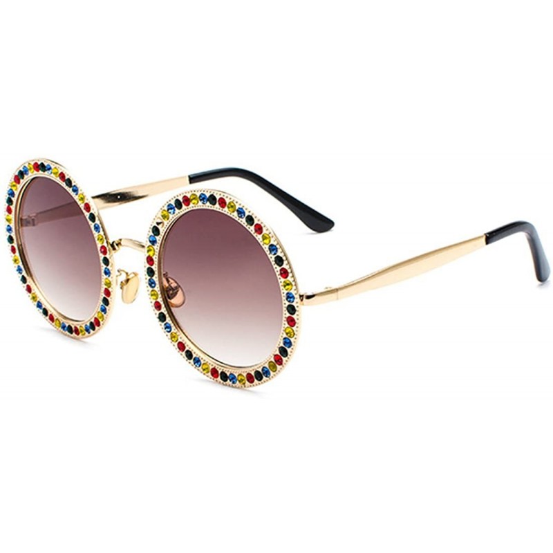 Round Women Round Rhinestone Sunglasses Metal Frame Polycarbonate lens - Gold Brown - CI18EO09Q44 $12.13