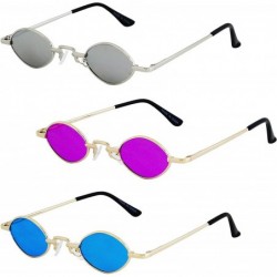 Rectangular Vintage Slender Oval Sunglasses Small Metal Frame Candy Colors - 3 Pack Silver - Purple - Blue - CK19849NLEQ $23.39