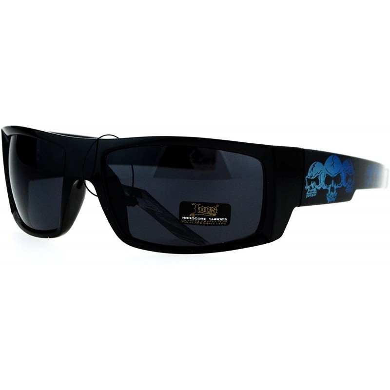 Sport Locs Skull Print Rectangular Gangster Cholo Sport All Black Sunglasses - Blue Skull - CL12NSEHK7I $9.35