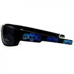 Sport Locs Skull Print Rectangular Gangster Cholo Sport All Black Sunglasses - Blue Skull - CL12NSEHK7I $9.35