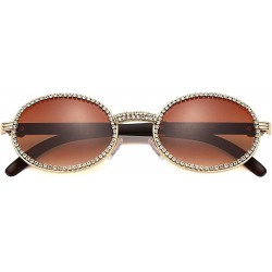 Round Oval Retro Round Diamond Sunglasses for Men-Women Luxury Glasses Fashion Crystal Wood Eyewear Shades - Gold-brown - CQ1...