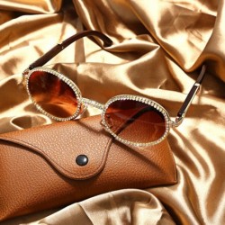 Round Oval Retro Round Diamond Sunglasses for Men-Women Luxury Glasses Fashion Crystal Wood Eyewear Shades - Gold-brown - CQ1...