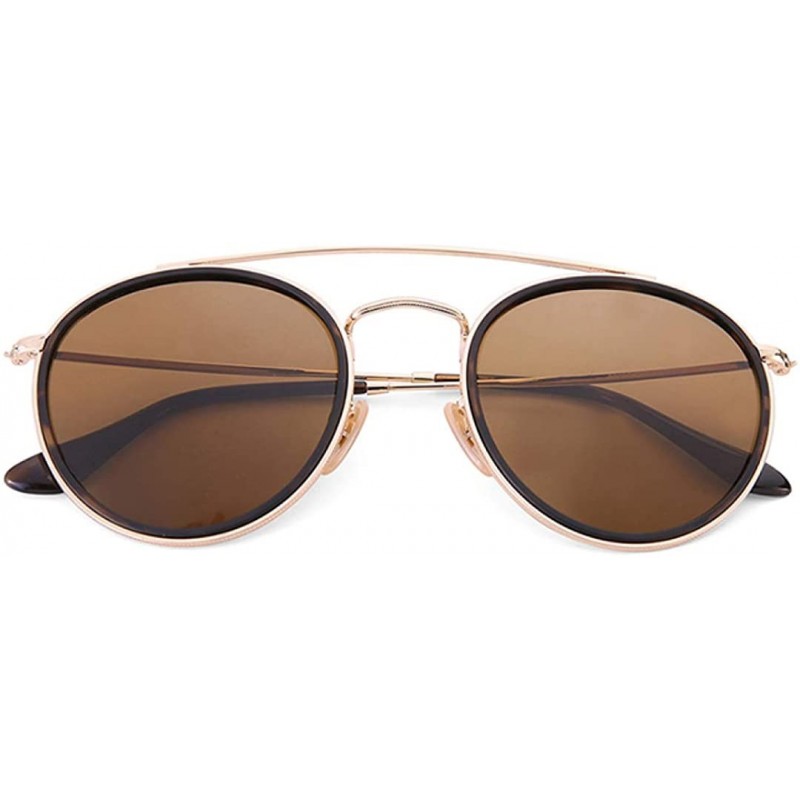 Round Sunglasses Polarized Men Women Sun Glass Lens Mirror Round Double Bridge Eyewear UV400 - Brown Glass - CT18TZIG6ZQ $17.29
