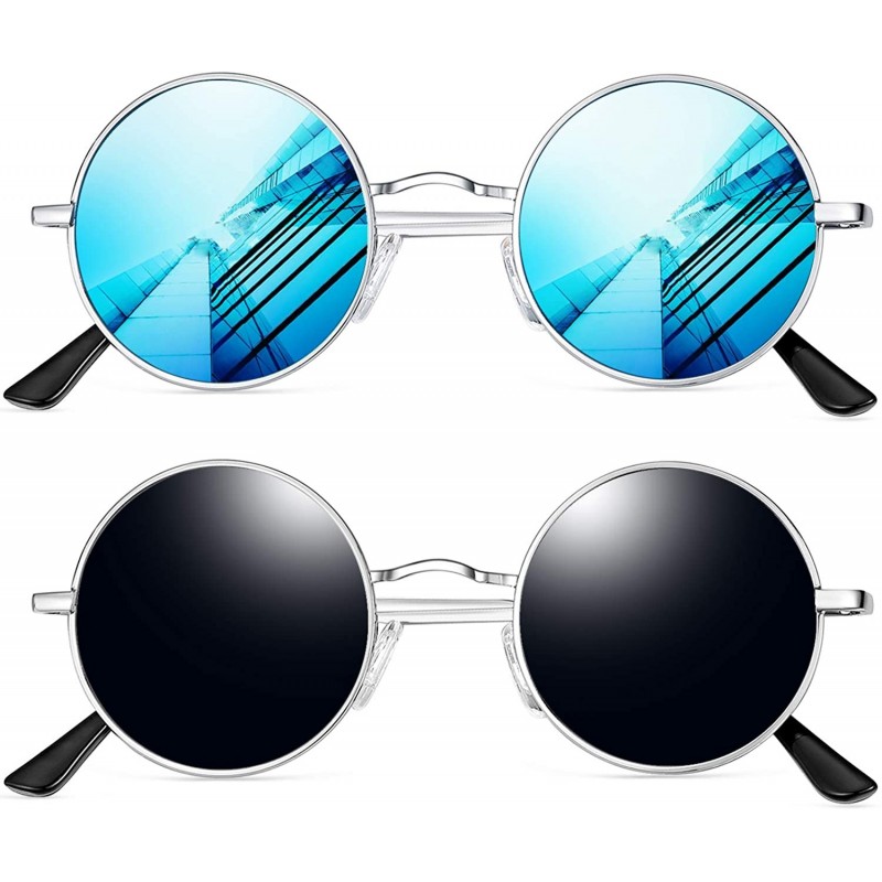 Wayfarer Polarized Lennon Round Sunglasses Women Men Circle Hippie Sun Glasses - Silver Black+blue - C7196YTDCD5 $19.66