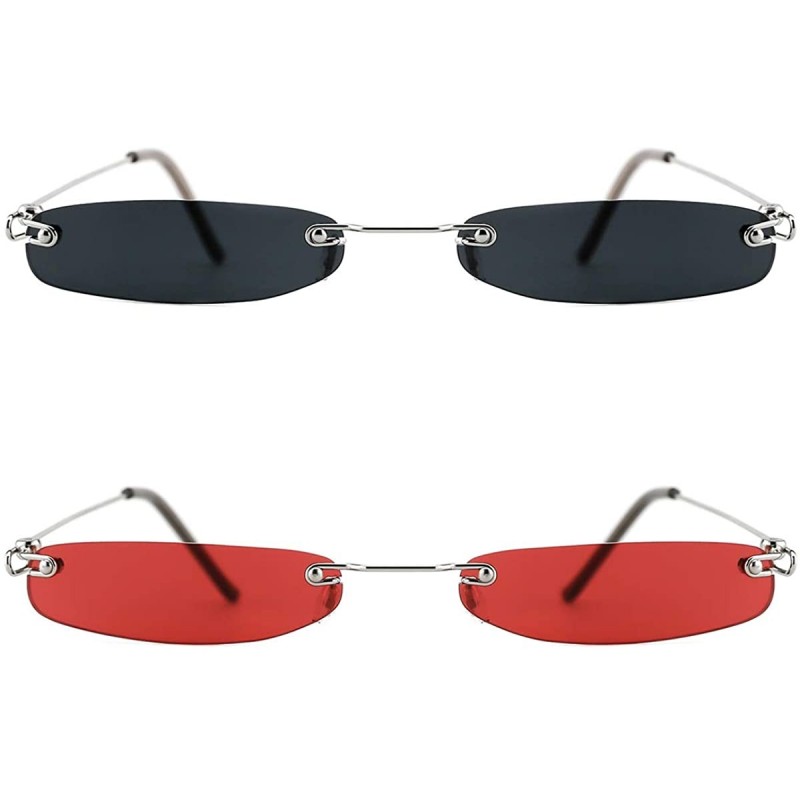 Semi-rimless Vintage Rectangle Sunglasses for Women Men Retro Small Thin Sunglasses Metal Frame - Grey&red(2 Pack) - CI195I9O...