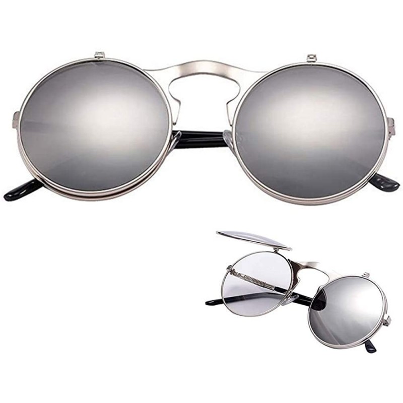 Round Vintage Round Sunglasses 80's Retro Steam Punk Style Flip Up Mirror Circle Metal Frame Sun Glasses for Men Women - C918...