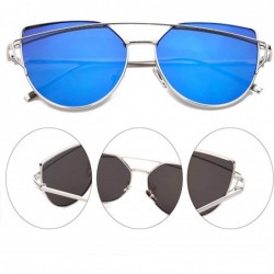 Cat Eye Cat Eye Fashion Metal Frame - Mirrored Flat Lenses Women Sunglasses - Silver Frame @ Blue Lens - CL18L27RRR7 $9.90