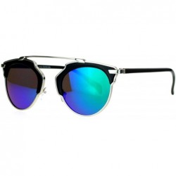 Round Designer Fashion Sunglasses Top Bar Bridge Mirror Lens Retro Chic - Silver Black - CO12I3PA045 $11.34