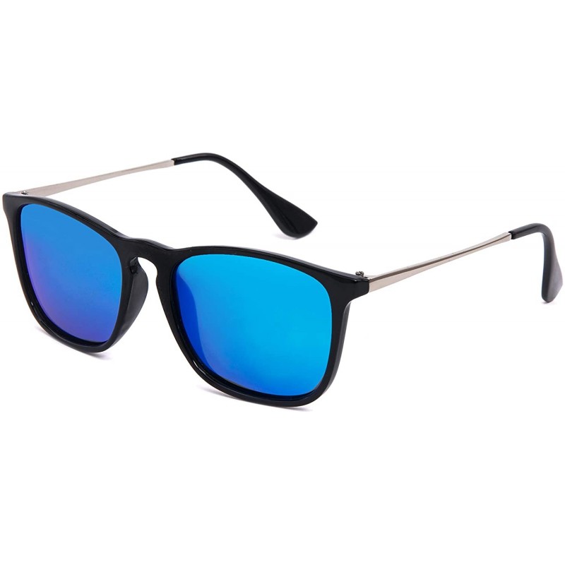 Round Polarized Sunglasses Navigator Rectangular Designer - Black Frame (Glossy Finish) / Polarized Blue Mirror Lens - C4194E...