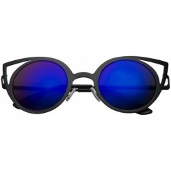 Cat Eye Womens Fashion Round Metal Cut Out Cat Eye Sunglasses - Black - Blue/Green Mirror - CR12EPI2OZ3 $11.57