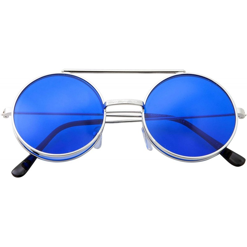 Round Vintage Steam Punk Round Flip Up Sunglasses for Men and Women Retro Metal Frame - Co-silver Frame-blue Lens - CR18ODZGZ...