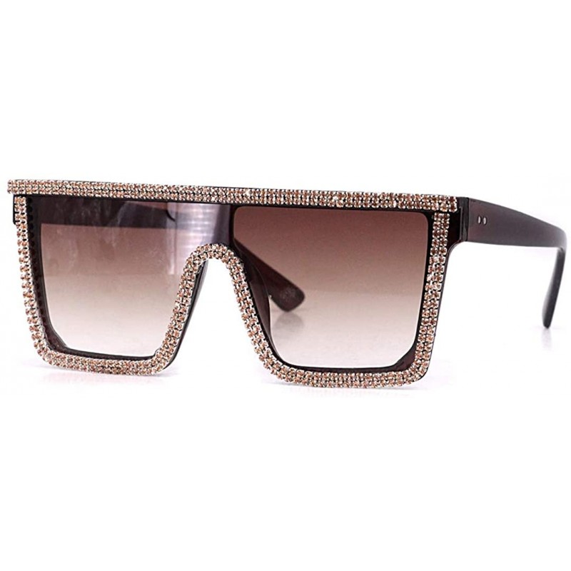 Semi-rimless Rhinestone Oversize Shield Visor Sunglasses Flat Top Mirrored Mono Lens - Brown Lens/Gold Diamond - CA19DAL6LH6 ...