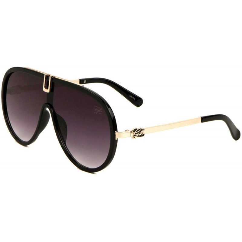 Oversized Glo Luxury One Piece Flat Lens Shield Aviator Sunglasses - Glossy Black & Gold Frame - CX18X5EX0C9 $13.55