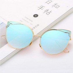 Cat Eye Luxury Fashion Cat Eye Designer Sunglasses Metal Reflective Glasses For Women Mirror Retro glasses - Gold Blue - CQ19...