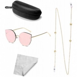 Semi-rimless Oversized Sunglasses for Women Mirrored Cat Eye Sunglasses with Glasses Chain Glasses Case Glasses Cloth - B - C...