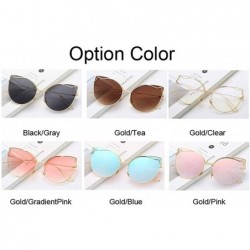 Cat Eye Luxury Fashion Cat Eye Designer Sunglasses Metal Reflective Glasses For Women Mirror Retro glasses - Gold Blue - CQ19...