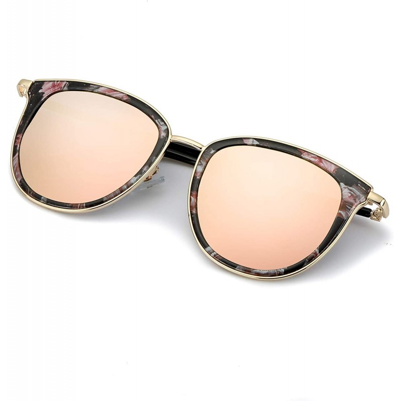 Cat Eye Polarized Sunglasses Oversized Mirrored Protection - Floral Frame/Pink Mirror Cat Eye Lens - CA18LAOI8W4 $19.11