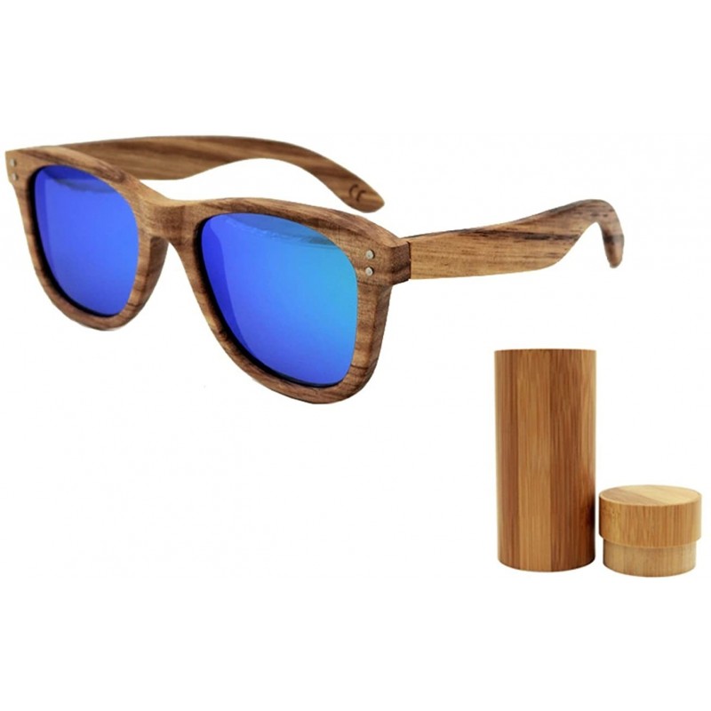 Aviator Wood Sunglasses with Polarized Lens Striped Wood Frame with Wooden Box - Blue - CM12HKE9RIV $28.13