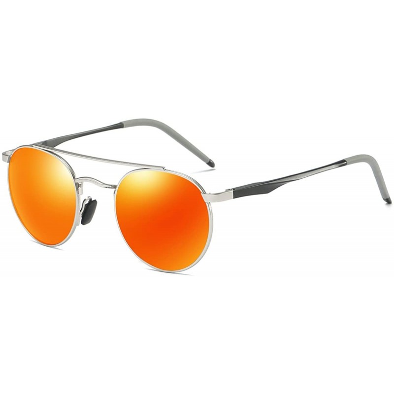 Round Round Sunglasses Double Bridge Polarized Lens Spring Hinged Al-Mg Temple Lightweight - Silver - CE18D87OMMQ $15.81