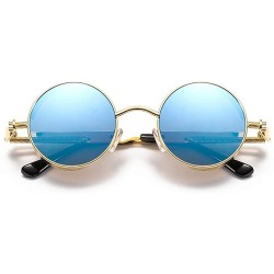 Shield Steam Punk Fashion Trendy Wild Sunglasses Round Metal Frame Spring Legs UV Protection - Gold Frame+ Blue Lens - CA18HI...