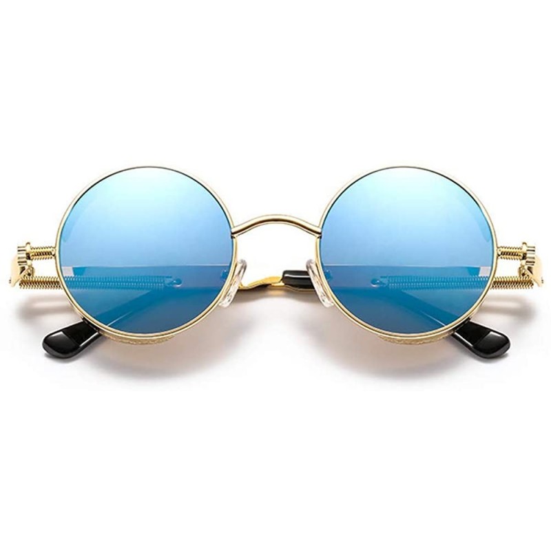 Shield Steam Punk Fashion Trendy Wild Sunglasses Round Metal Frame Spring Legs UV Protection - Gold Frame+ Blue Lens - CA18HI...