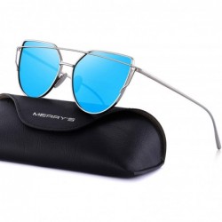 Cat Eye Fashion Women Cat Eye Sunglasses Coating Mirror Lens Sun glasses UV400 S7882 - Silver&blue - CW12MYEYGHA $14.47