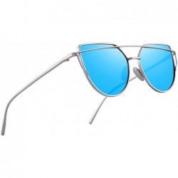 Cat Eye Fashion Women Cat Eye Sunglasses Coating Mirror Lens Sun glasses UV400 S7882 - Silver&blue - CW12MYEYGHA $14.47