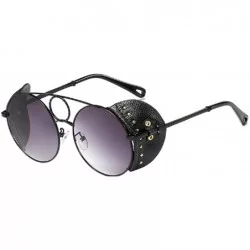 Round Women's Fashion Sunglasses Metal Round Frame Eyewear With Leather - Black Gray - C718W0NRTSX $50.22