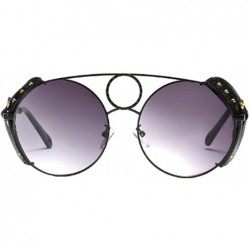 Round Women's Fashion Sunglasses Metal Round Frame Eyewear With Leather - Black Gray - C718W0NRTSX $19.82