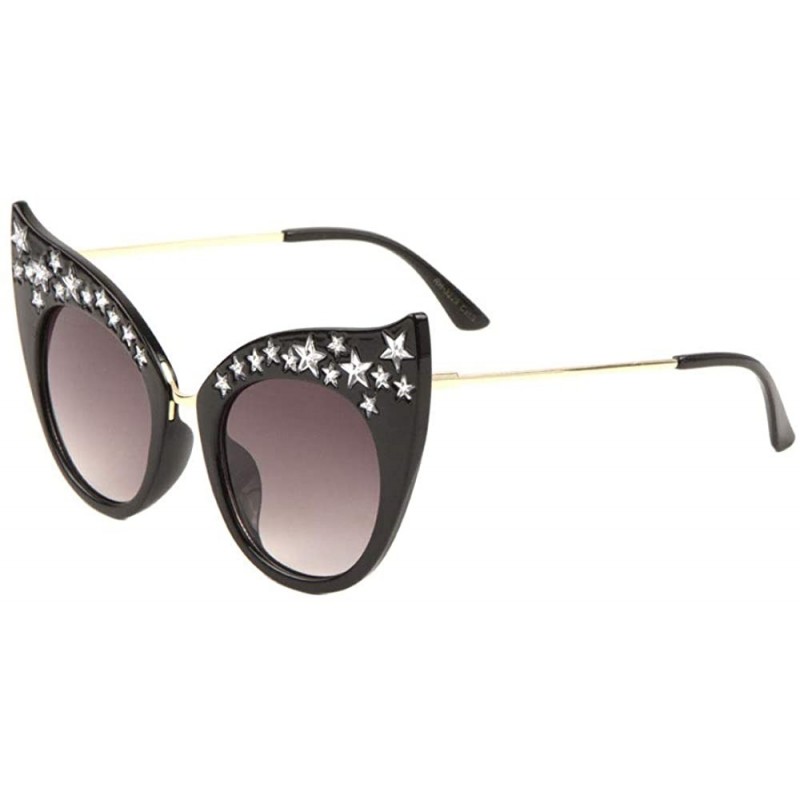 Cat Eye Rhinestone Stars Round Lens Wide Brow Cat Eye Sunglasses - Smoke - C71983HEHGT $14.70