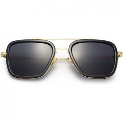 Square Retro Square Hero Sunglasses Aviator Metal Frame Flat Lens for Men Women Goggle - Black - CX18UZEE7XK $11.29